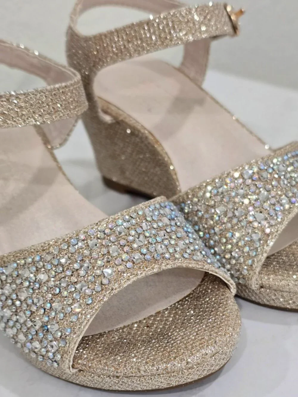 David’s Bridal ✦ Gold Glitter Wedge Sandal ✦ Rhinestones Adjustable Strap Heel 9